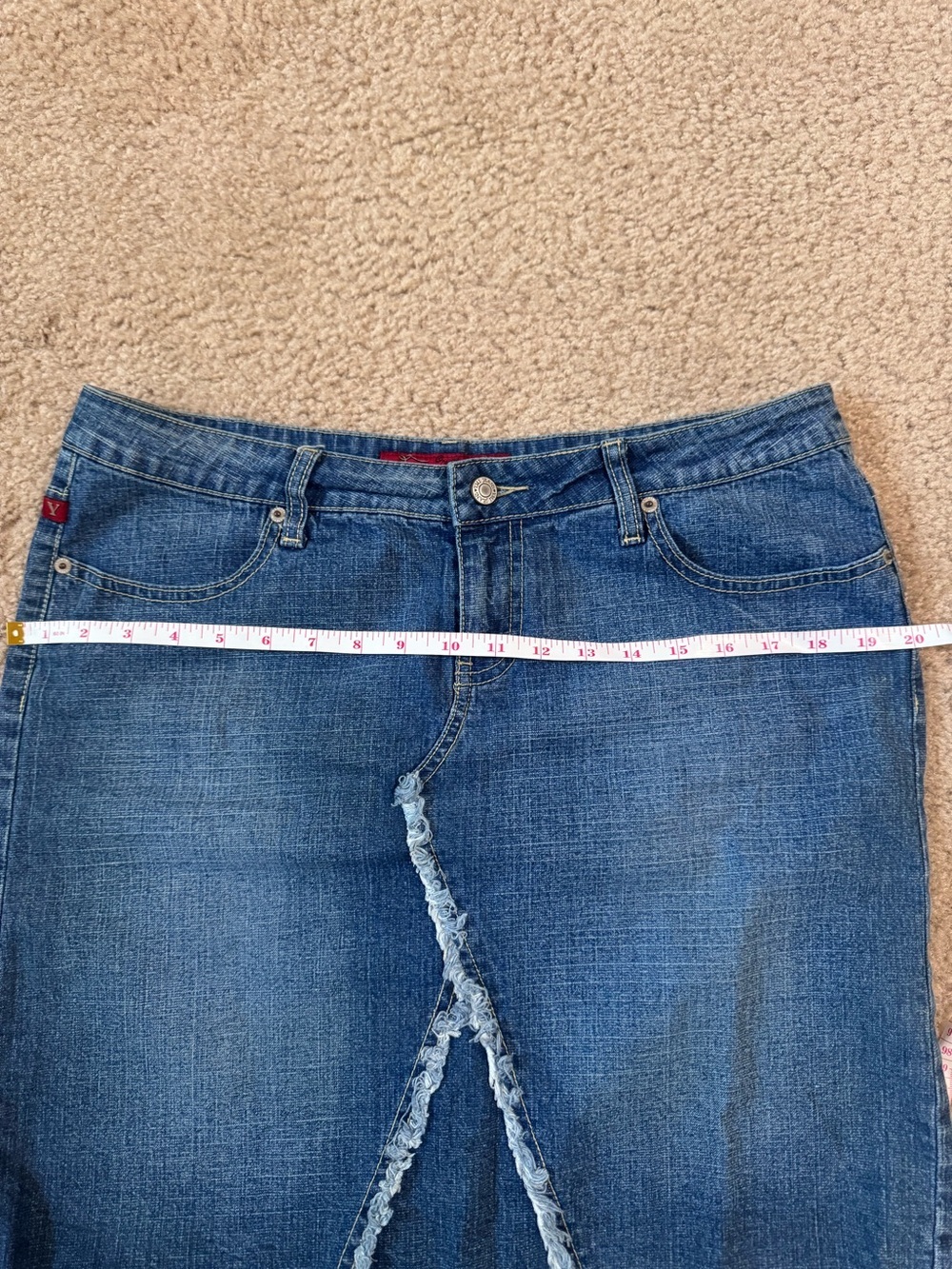 YMI Y2K Mid Length Patched-Frayed Denim Faded Skirt- Juniors Size 13 - Picture 8 of 15
